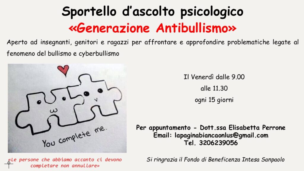 Sportello d’ascolto psicologico: “GENERAZIONE ANTIBULLISMO”