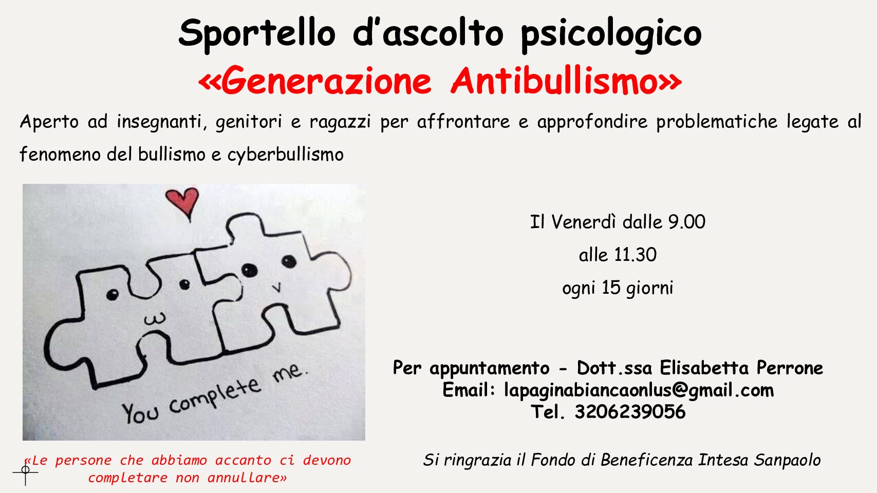 Sportello d’ascolto psicologico: “GENERAZIONE ANTIBULLISMO”